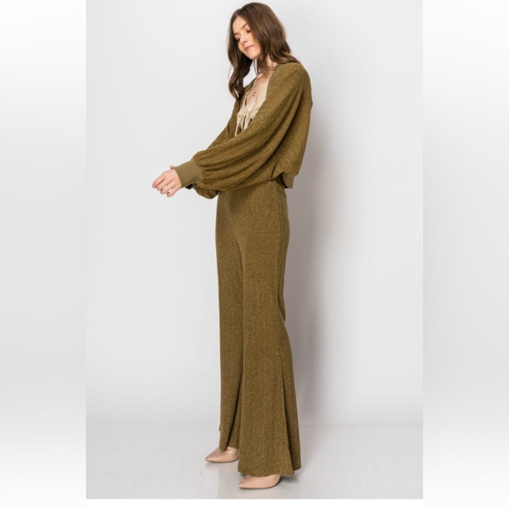 Olive Knit Wide-Leg Set with Cropped Cardigan
